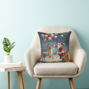 Festive Watercolor Santa Reindeer Colorful Balloon Cushion