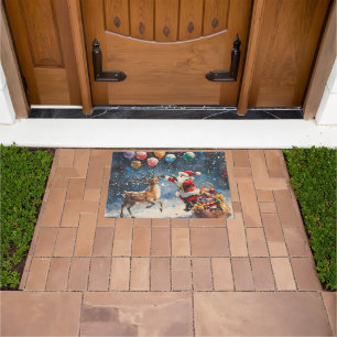 Festive Watercolor Santa Reindeer Colorful Balloon Doormat