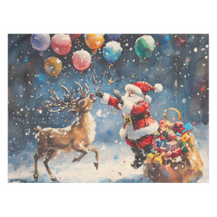 Festive Watercolor Santa Reindeer Colorful Balloon Tablecloth