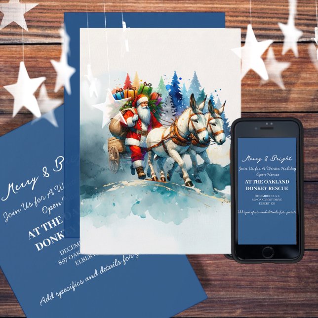 Festive Watercolor Santa With Donkeys Invitation (Enjoy this Festive Christmas design! Customize with your favorite holiday event or greeting. )