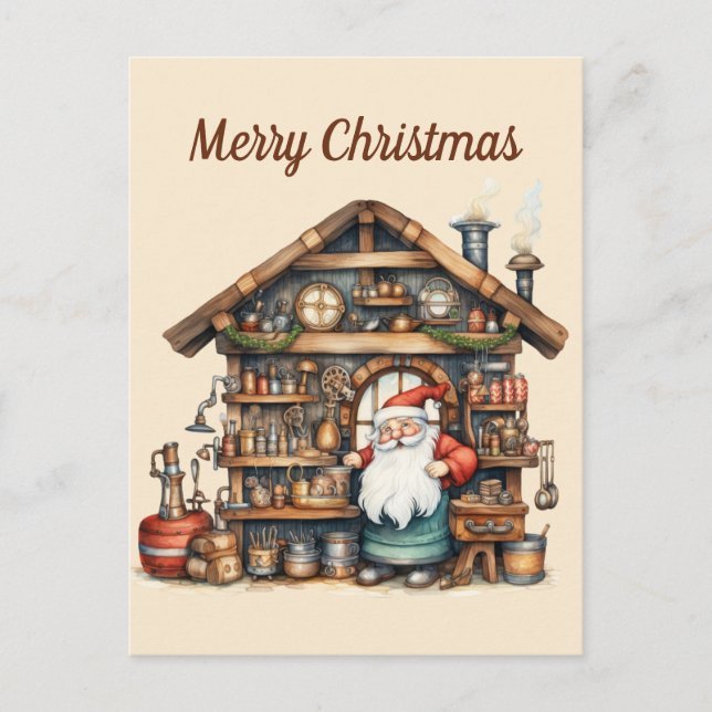 Festive watercolor Santa's workshop Postcard (Front)