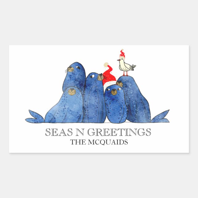 Festive Watercolor Sea Lions Santas Hat Sticker (Front)