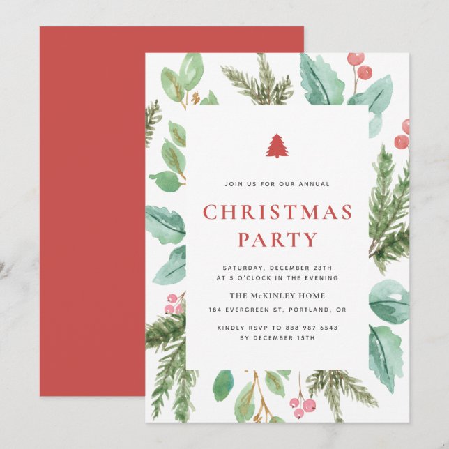 Festive Watercolor Winter Foliage Christmas Party Invitation (Front/Back)