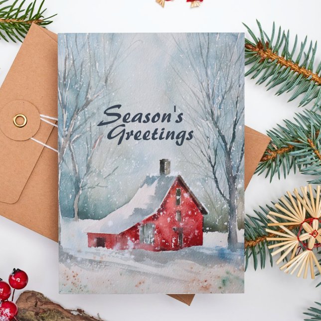 Festive Watercolor Winter Scene Snowy Red House Holiday Card (Creator Uploaded)
