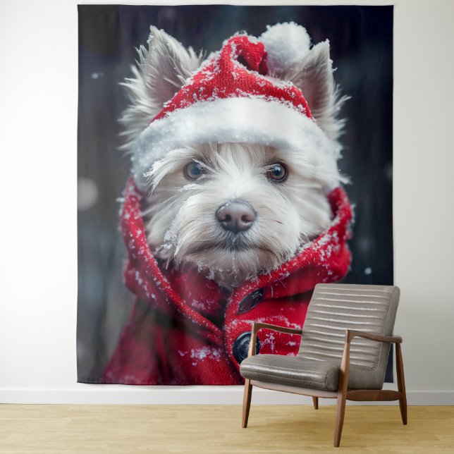 Festive Westie in the Snow Tapestry (In Situ)