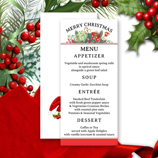 Festive Whimsical Classic Christmas Menu (Christmas menu card featuring a festive classic design in red and green with pine twigs and berries)