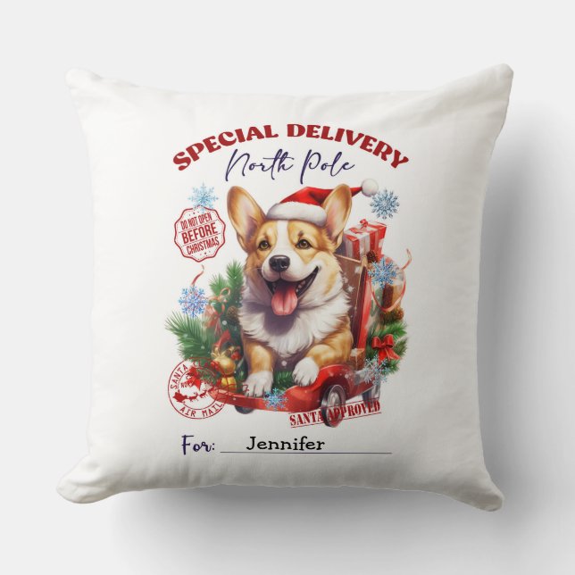 Festive Whimsical Corgi Christmas Throw Pillow (Front)
