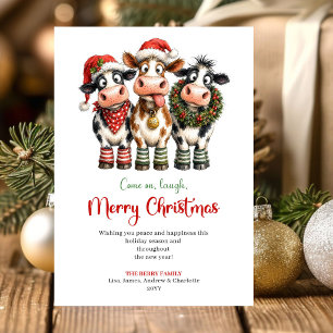 Festive Whimsical Cows Red Green Christmas Greetin Holiday Card