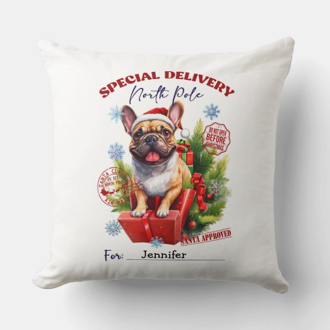 Festive Whimsical Pug Christmas Throw Pillow (Front)