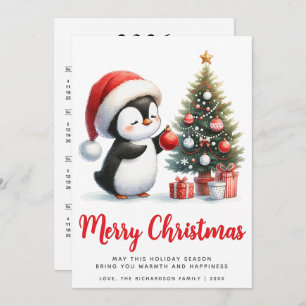 Festive White and Red Penguin Merry Christmas Holiday Card