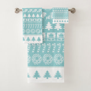 Festive White/Aqua Christmas Iconic Pattern Bath Towel Set