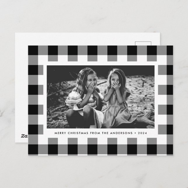 Festive White Buffalo Plaid Single Photo Christmas Postcard (Front/Back)