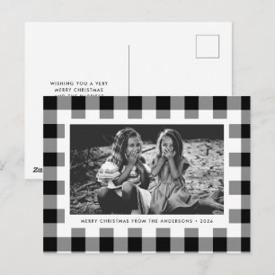 Festive White Buffalo Plaid Single Photo Christmas Postcard