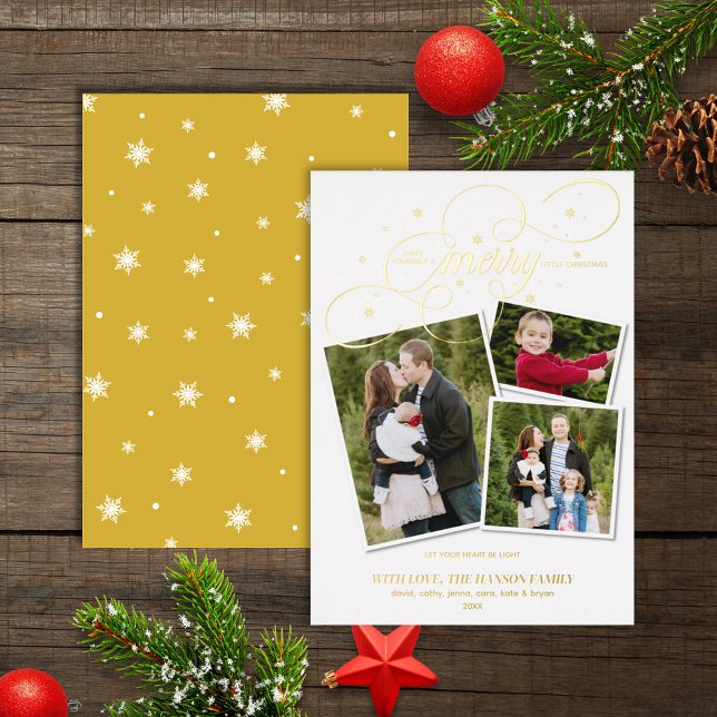 Festive White Gold 3 Photo Christmas Foil Holiday Card (Creator Uploaded)