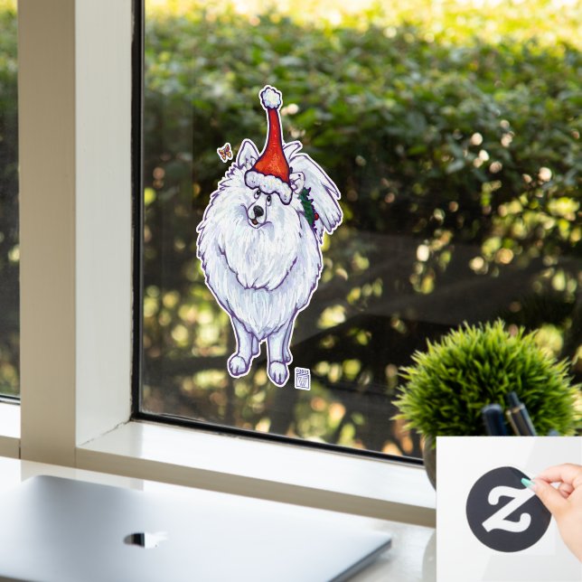 Festive White Pomeranian Window Cling (Office)