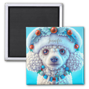 Festive White Poodle Magnet