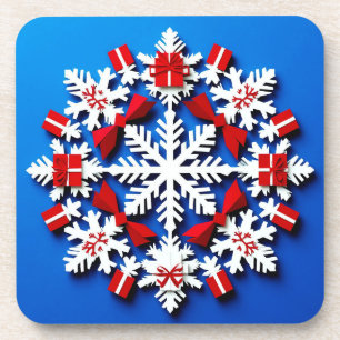 Festive White Snowflake With Red Gift Coaster