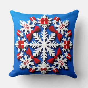 Festive White Snowflake With Red Gift Cushion