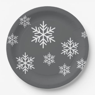 Festive White Snowflakes On Bold Modern Grey Paper Plate