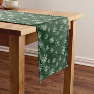 Festive White Snowflakes on Green  Long Table Runner