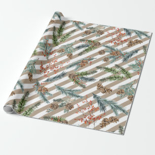 Festive White Stripe Pine Spruce Kraft Holiday Wrapping Paper
