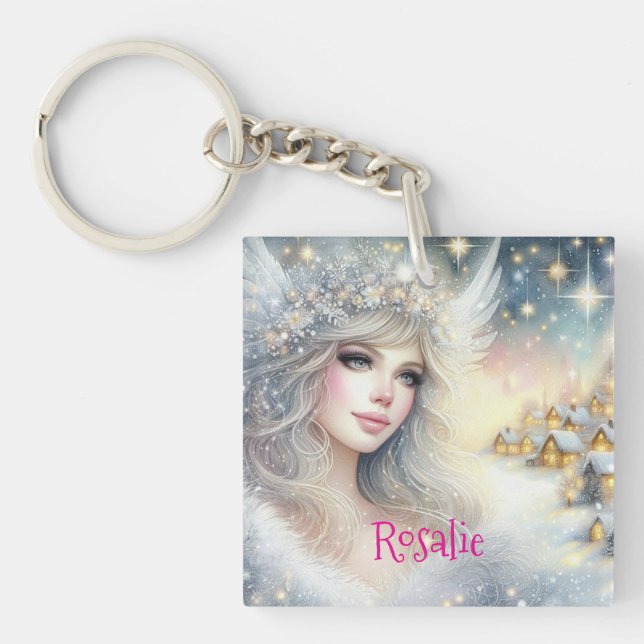 Festive White Watercolor Ethereal Frost Snow Angel Key Ring (Front)