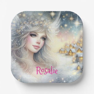 Festive White Watercolor Ethereal Frost Snow Angel Paper Plate
