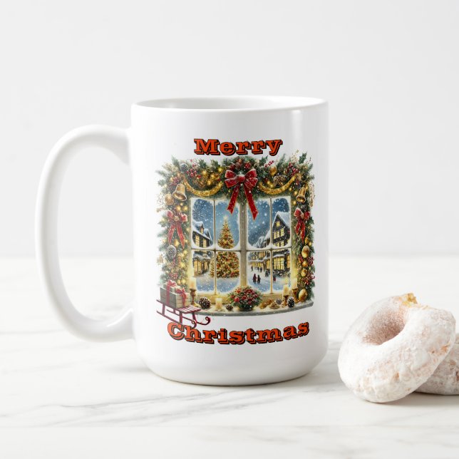 Festive Window View With Snow Coffee Mug (With Donut)
