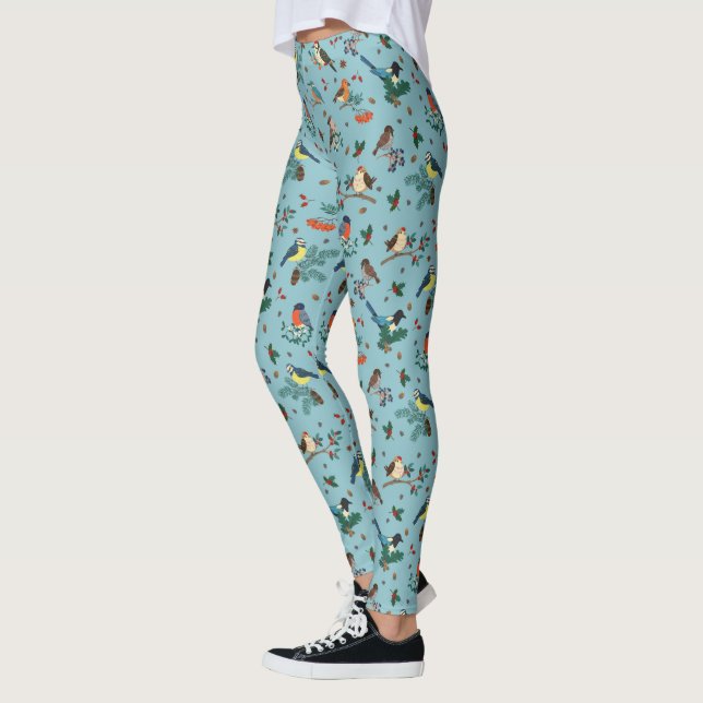 Festive Winter Birds Christmas Pattern Leggings (Left)