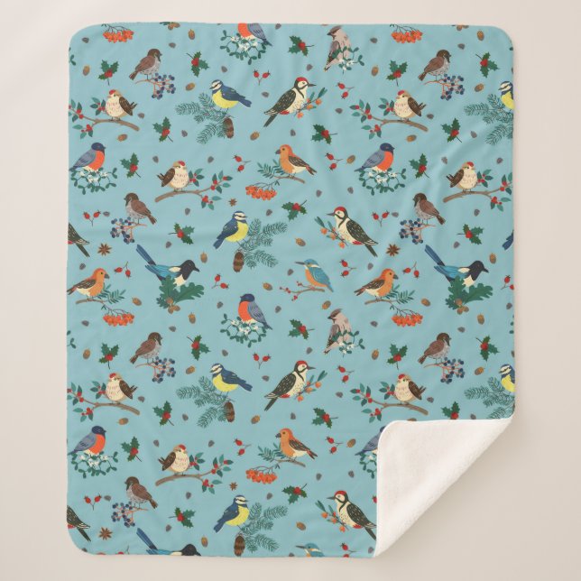 Festive Winter Birds Christmas Pattern Sherpa Blanket (Front)