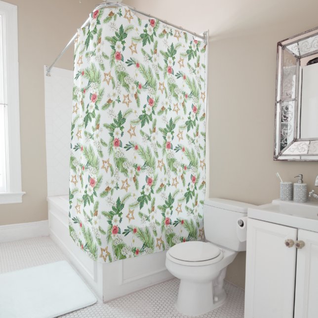 Festive Winter Botanicals All Over Print Shower Curtain (In Situ)