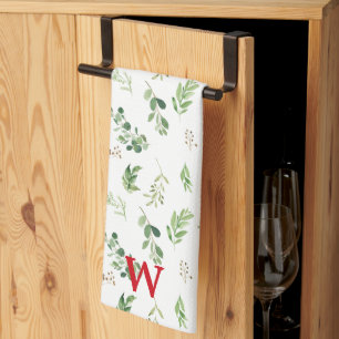Festive Winter Botanicals Monogram Holiday Tea Towel
