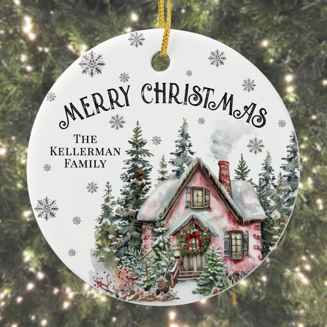 Festive Winter Cabin Merry Christmas Ceramic Ornament (Festive Winter Cabin Merry Christmas Ceramic Ornament )