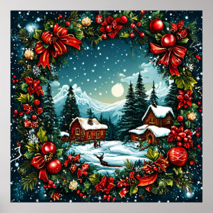Festive Winter Cabin Scene by Christmas Wreath Poster