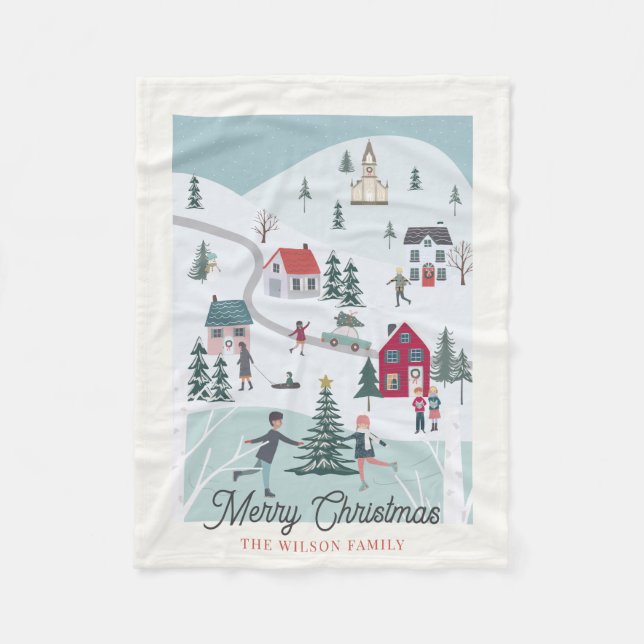 Festive Winter Christmas Town/Village Fleece Blanket (Front)