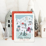 Festive Winter Christmas Town/Village  Holiday Card<br><div class="desc">This cute Christmas holiday card features a Christmas town/village with people, houses, a church, trees, a car with a christmas tree on top, and a skating rink. The reverse side features a red background with white snow patterns. Personalise it for your needs. You can find matching products at my store....</div>