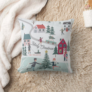 Festive Winter Christmas Town/Village Holiday Cushion