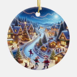 Festive Winter Christmas Village Night Ceramic Ornament