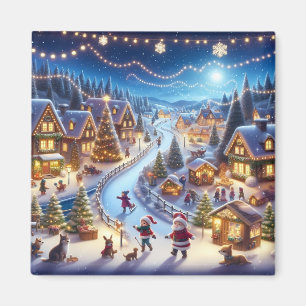 Festive Winter Christmas Village Night Magnet