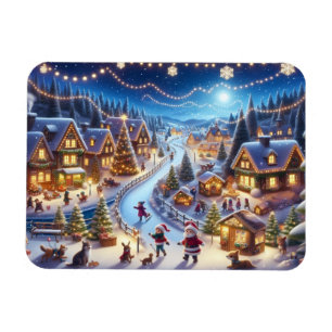 Festive Winter Christmas Village Night Magnet