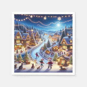 Festive Winter Christmas Village Night Napkin