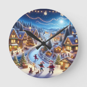 Festive Winter Christmas Village Night Round Clock