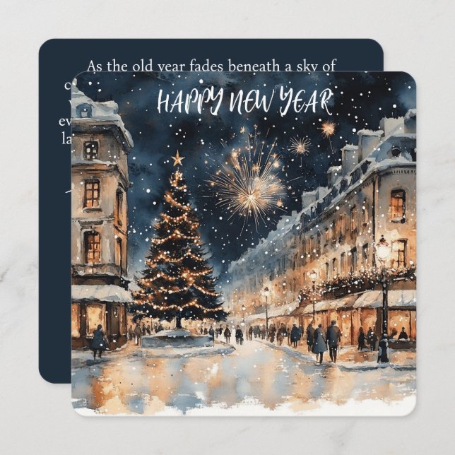Festive Winter Cityscape with Fireworks  Holiday Card (Front/Back)