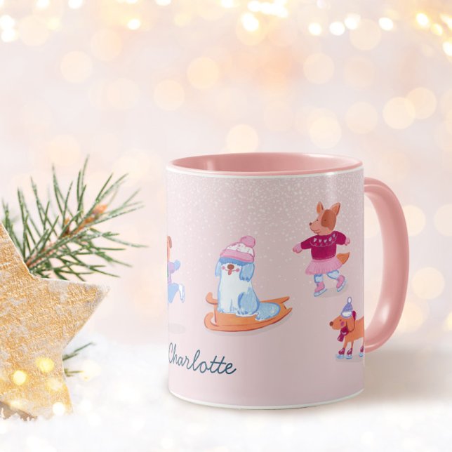 Festive Winter Cute Ice Skating  Dogs Name Mug (Creator Uploaded)