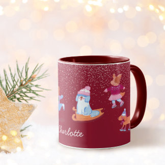 Festive Winter Cute Ice Skating  Dogs Red Name Mug