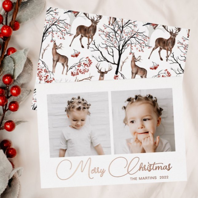 Festive Winter Deer Pattern Two Photo Foil Foil Holiday Card (Creator Uploaded)