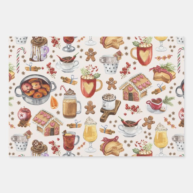 Festive Winter Drinks and Desserts Wrapping Paper Sheet (Front)