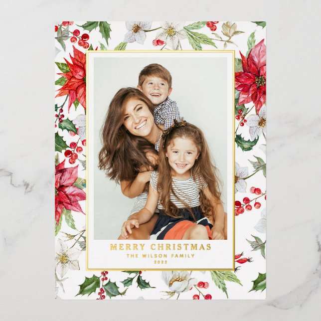 Festive Winter Floral Pattern Christmas Photo Foil Holiday Postcard (Front)