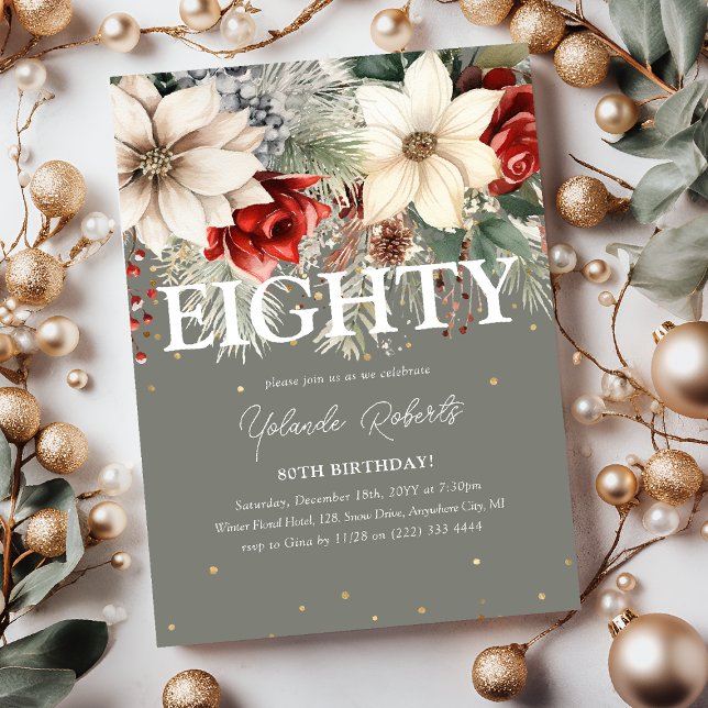 Festive Winter Florals 80th Birthday Invitation (Creator Uploaded)