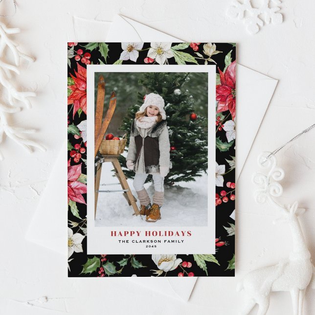 Festive Winter Flowers Pattern Black Photo Holiday Postcard (Festive Winter Flowers Pattern Black Photo Happy Holidays Postcard)